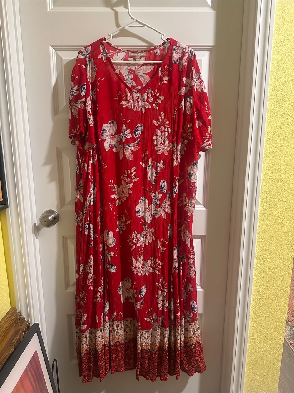 Woman Within Red Crinkle Print Floral V-Neck Maxi with Border